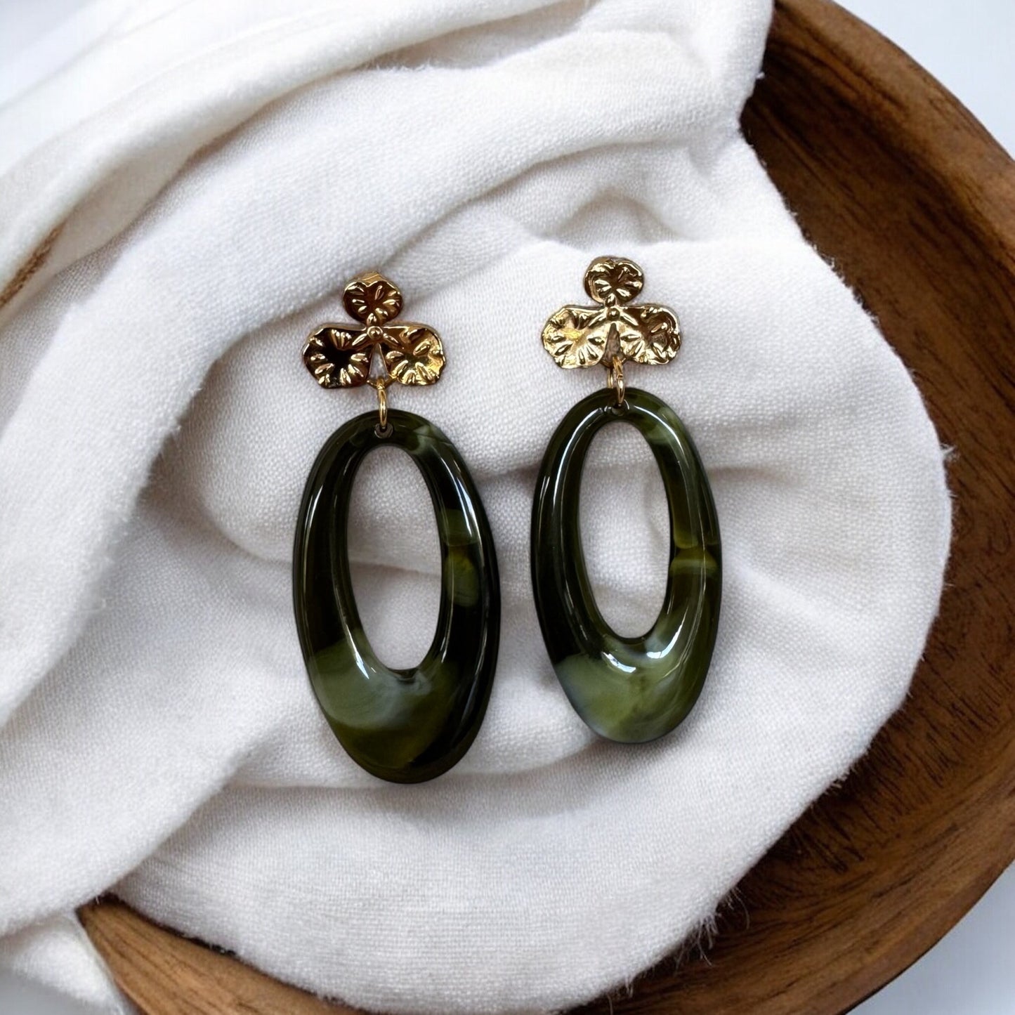 Boucles d’oreilles Feuilles d’automne - kaki marbré