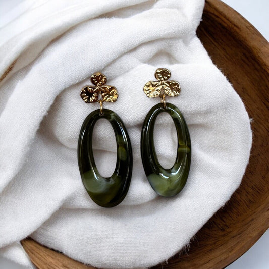 Boucles d’oreilles Feuilles d’automne - kaki marbré