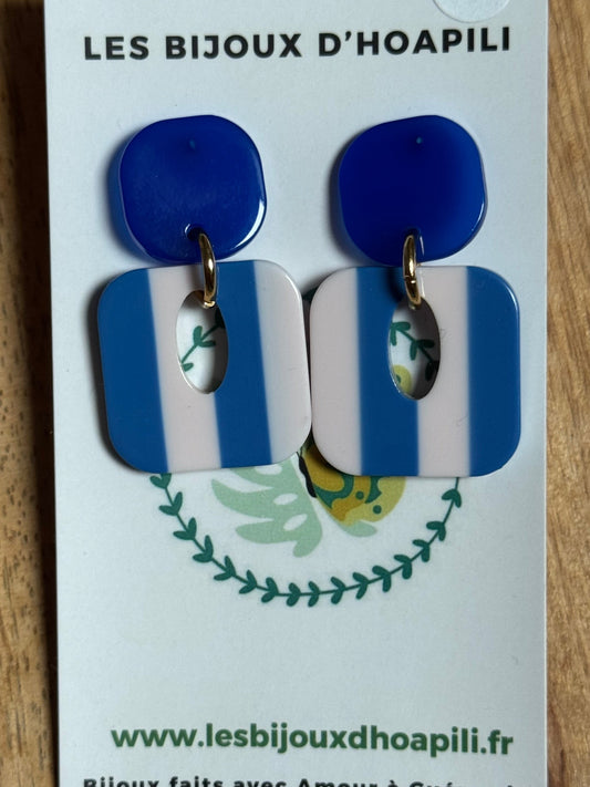 Boucles d’oreilles Buren bord de mer, rayures bleu et blanc