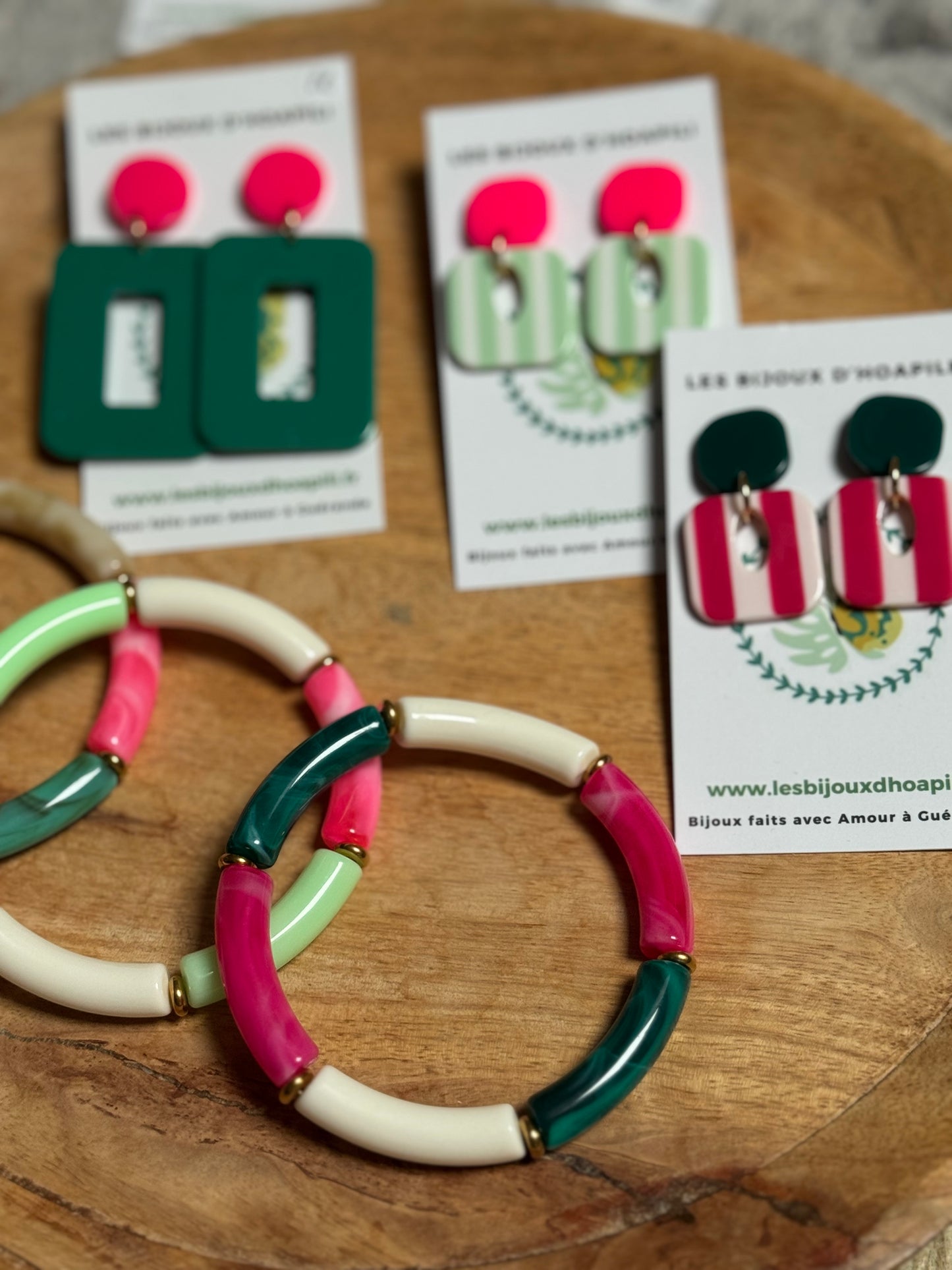 Bracelets Joncs tendance - nuances de rose, vert et bleu canard