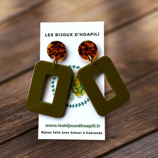 Rectangle Kaki & Terrazzo : Boucles d'Oreilles Pendantes Acrylique Rétro Chic