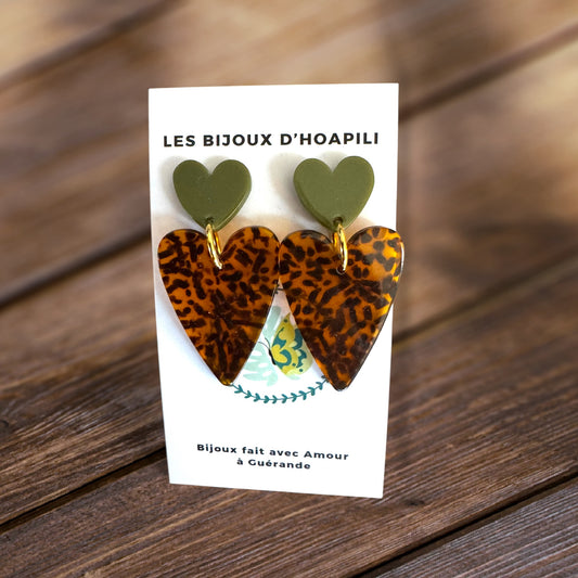 Duo de Cœurs Allongés Olive & Terrazzo : Élégance Naturelle Rétro-Chic