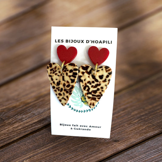 Duo de cœurs allongés Rouge & Terrazzo : Boucles d'Oreilles Passion Rétro-Chic