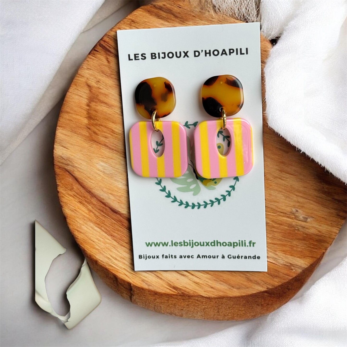 Boucles d'oreilles Buren rayure rose et jaune