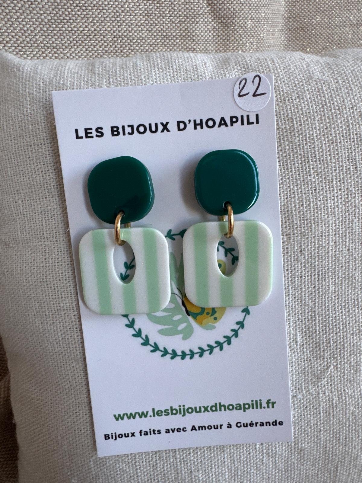 Boucles d’oreilles Buren rayures vert amande et blanc