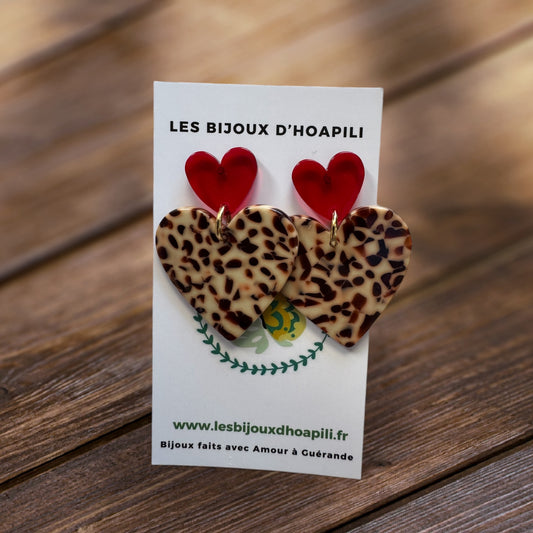 Duo de Cœurs Léopard & Rouge Vif : Boucles d'Oreilles Romantiques Rétro Chic