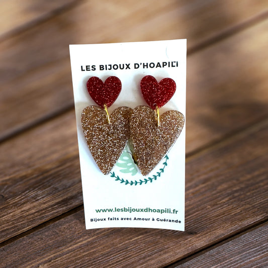 Duo de cœurs allongés Rouge & Bronze Pailleté : Boucles d'Oreilles Étincelantes et Chaleureuses