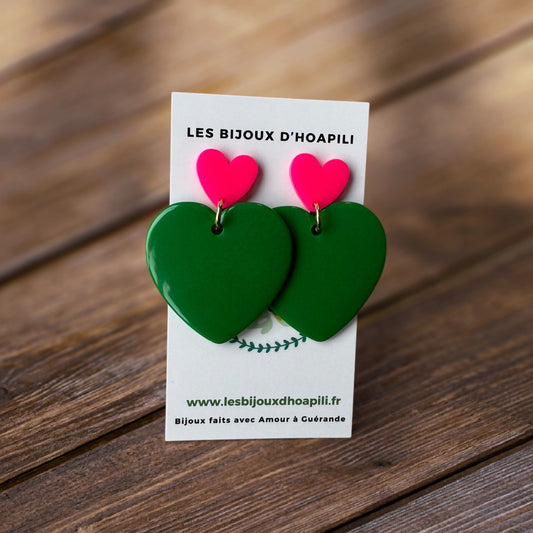 Duo Cœur Vert Intense & Fushia Néon : Boucles d'Oreilles Pendantes Acrylique
