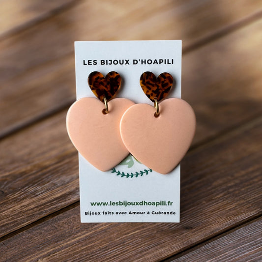 Duo Cœur Pêche & Écaille : Boucles d'Oreilles Pendantes Acrylique & Acétate
