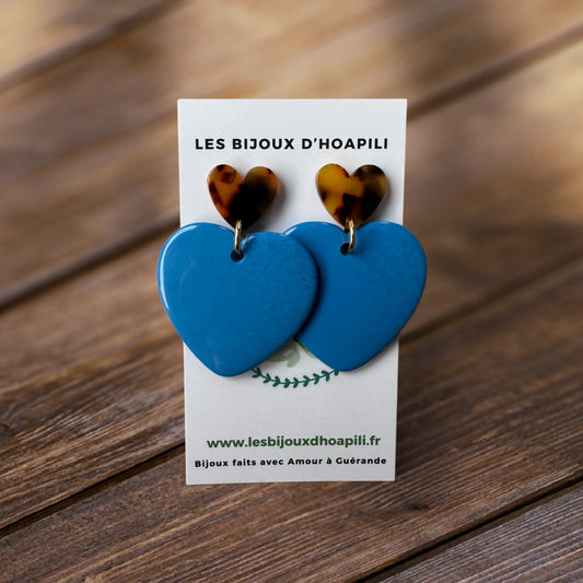 Duo Cœur Bleu Roi & Écaille : Boucles d'Oreilles Pendantes Acrylique & Acétate