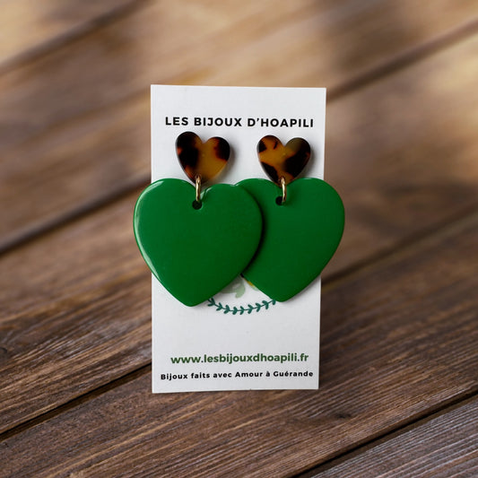 Duo Cœur Vert Intense & Écaille : Boucles d'Oreilles Pendantes Acrylique & Acétate