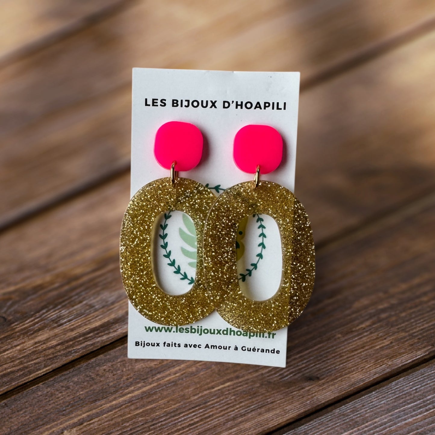 Ovale Pailleté & Rose Néon : Boucles d'Oreilles Pendantes Acrylique