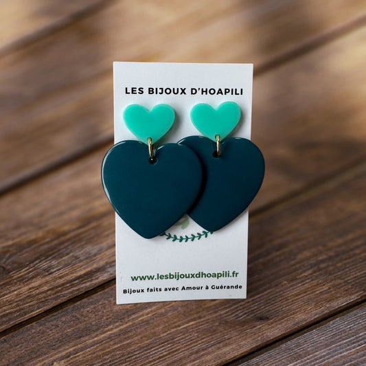 Duo Cœur Bleu Canard & Turquoise : Boucles d'Oreilles Pendantes Acrylique