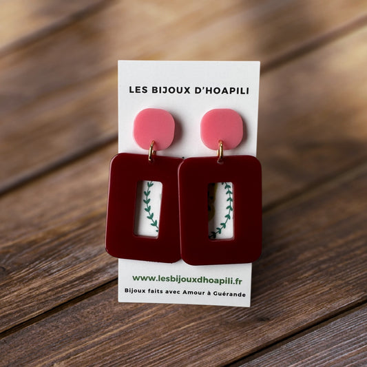 Rectangle Bordeaux & Rose Blush : Boucles d'Oreilles Pendantes Acrylique Rétro Chic