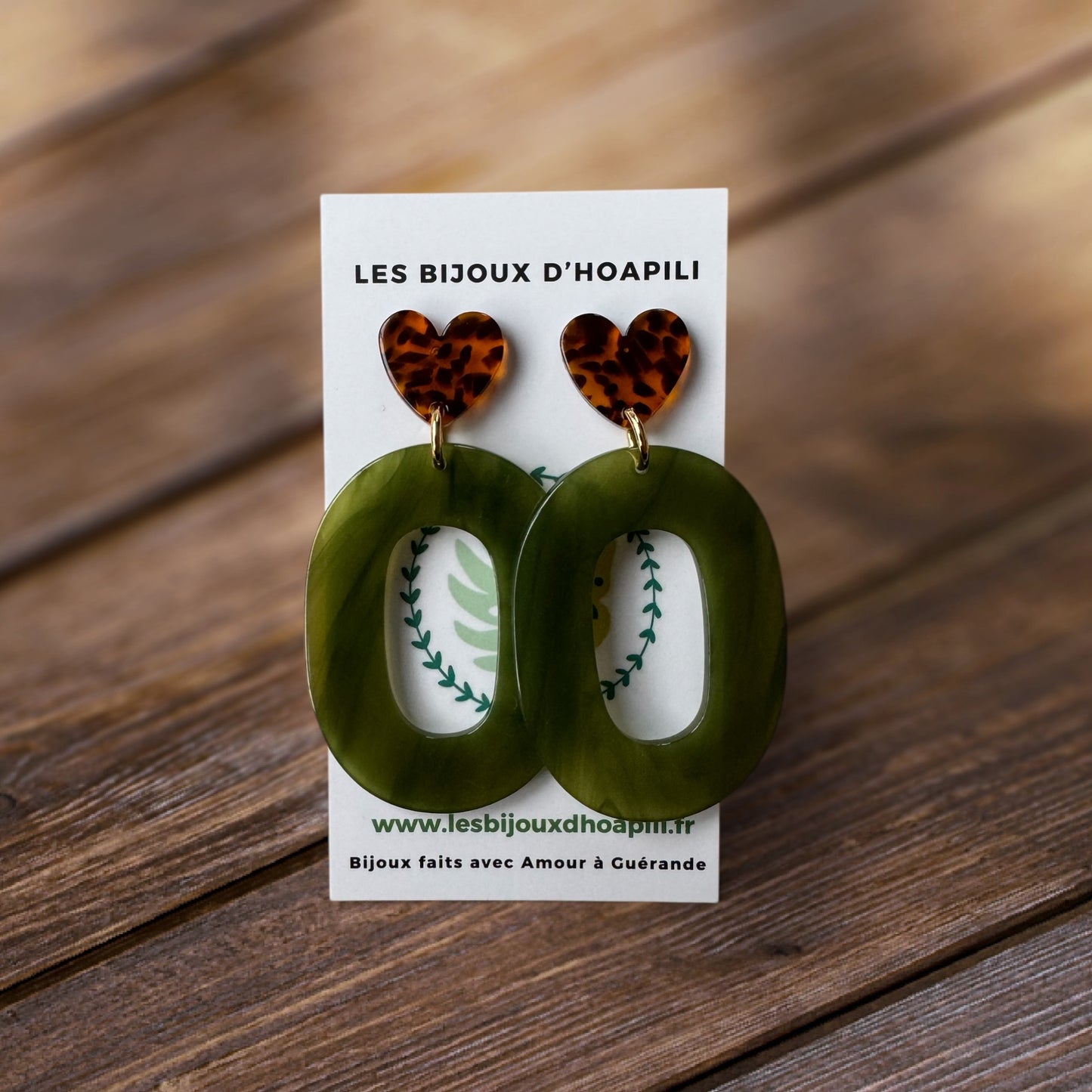 Ovale Vert Olive & Cœur Écaille : Boucles d'Oreilles Pendantes Acrylique Rétro Tendance
